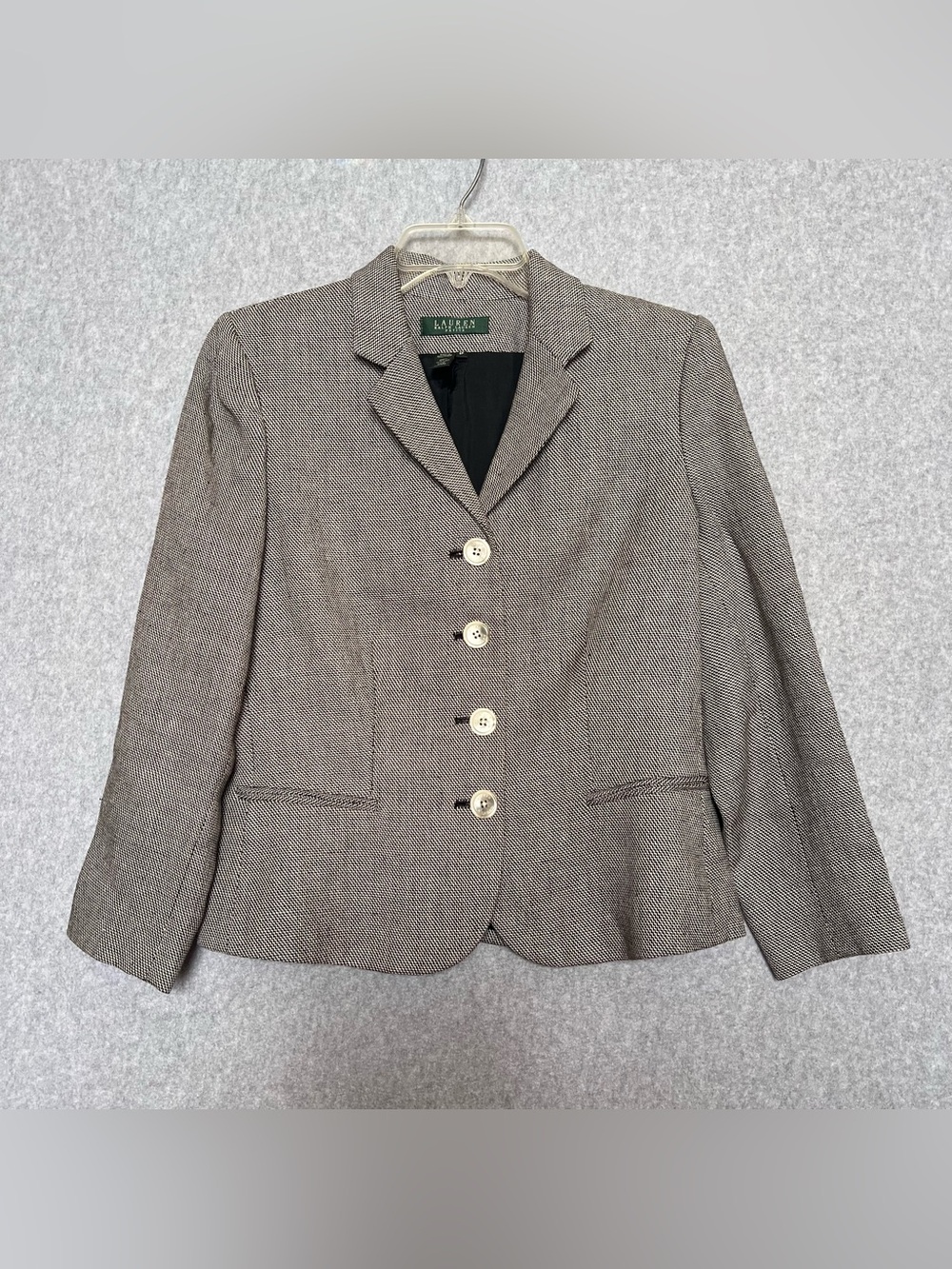 Lauren Ralph Lauren 90s Black White Houndstooth Linen Blazer Jacket Sz 8 Petite